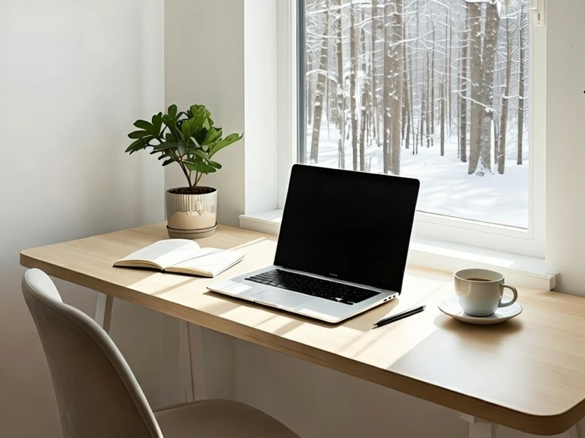 A peaceful, minimalist writing workspace with natural light, a simple desk, tea, and a laptop—evoking calm focus